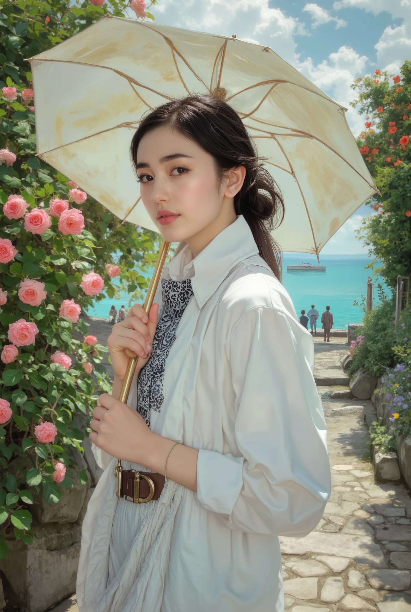 (best quality, 4k, highres, masterpiece:1.2) , ultra-detailed, (realistic, photorealistic:1.37), A photorealistic portrait of an elegant young woman standing, She is having a Sun Umbrella for Women, Claude Monet Scenery Excellent Quality、4K resolution、super definition、Realistic、PROFESSIONAL、Dynamic Range HDR、vibrant colors、bokeh、Impressionist style、oil、beautiful light、elegant atmosphere、Natural elements、In the sunshine、marine scenery、delicate texture、Elegant posture, 19rth century, she is taking a walk, hyper detailed moist skinn texture,