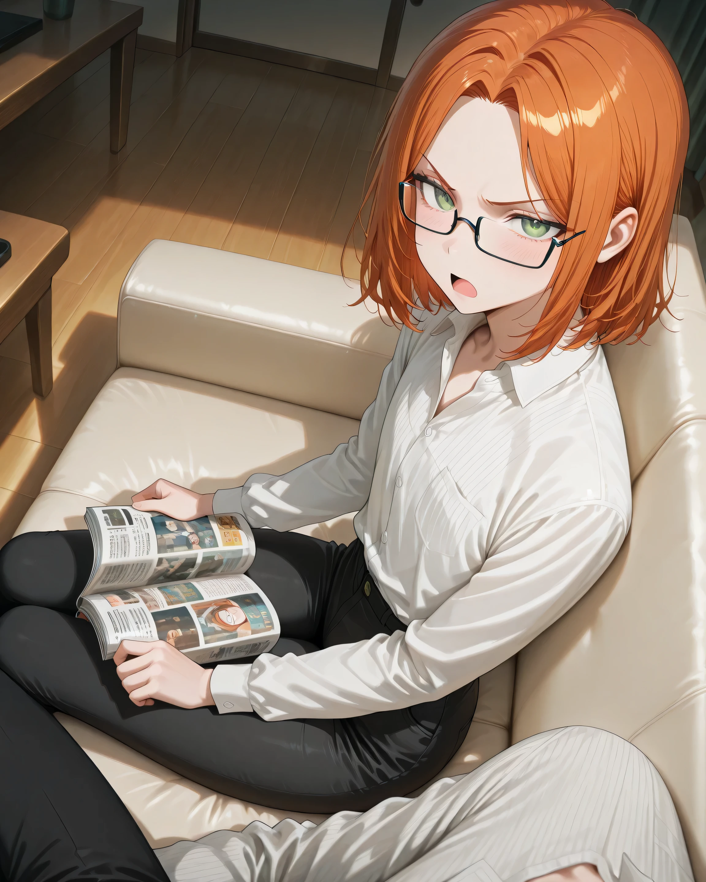 Boy, medium hair, parted bangs, ginger hair, green eyes, femboy, skinny, flat chest, twink, tall, solo, curvy thighs, detailed eyes, detailed face, detailed body, adult, detailed living room, evening, detailed eyes, detailed image, looking at viewer, sitting, on white couch, gay, calm, speaking mouth, holding magazine, white button down shirt with long sleeves, black pants, annoyed, light blush, rectangular glasses, side to side POV, close to viewer
