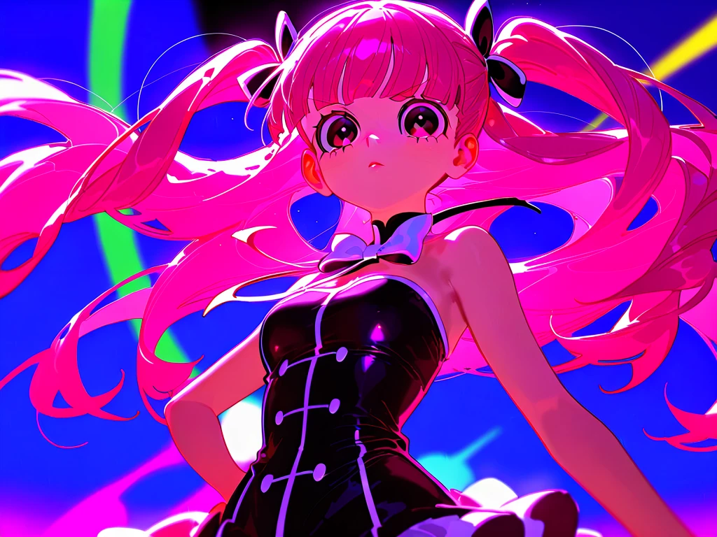 1 Girl, bad_end_Pretty Cure, bad_end_Happy,Pink Hair, Pink Eyes, Ruffled , Are standing, Finding, jump, magic, Masterpiece Therapy_Happy, Red Gem、Wicked Smile, Dark world background, ,deep shaded face,sadistic smile,Malice,contempt,laugh at,,bad顔