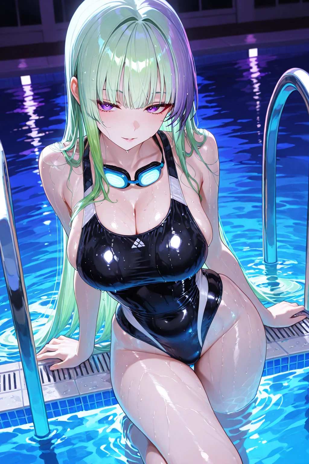 1girl, long blue green hair, pink eyes(glowing), thick figure, voluptuous, pale skin(extreme), black dress, chiaroscuro, stone ruins, cosmic, Galaxy in water, from above, 8k, absurdres, best quality