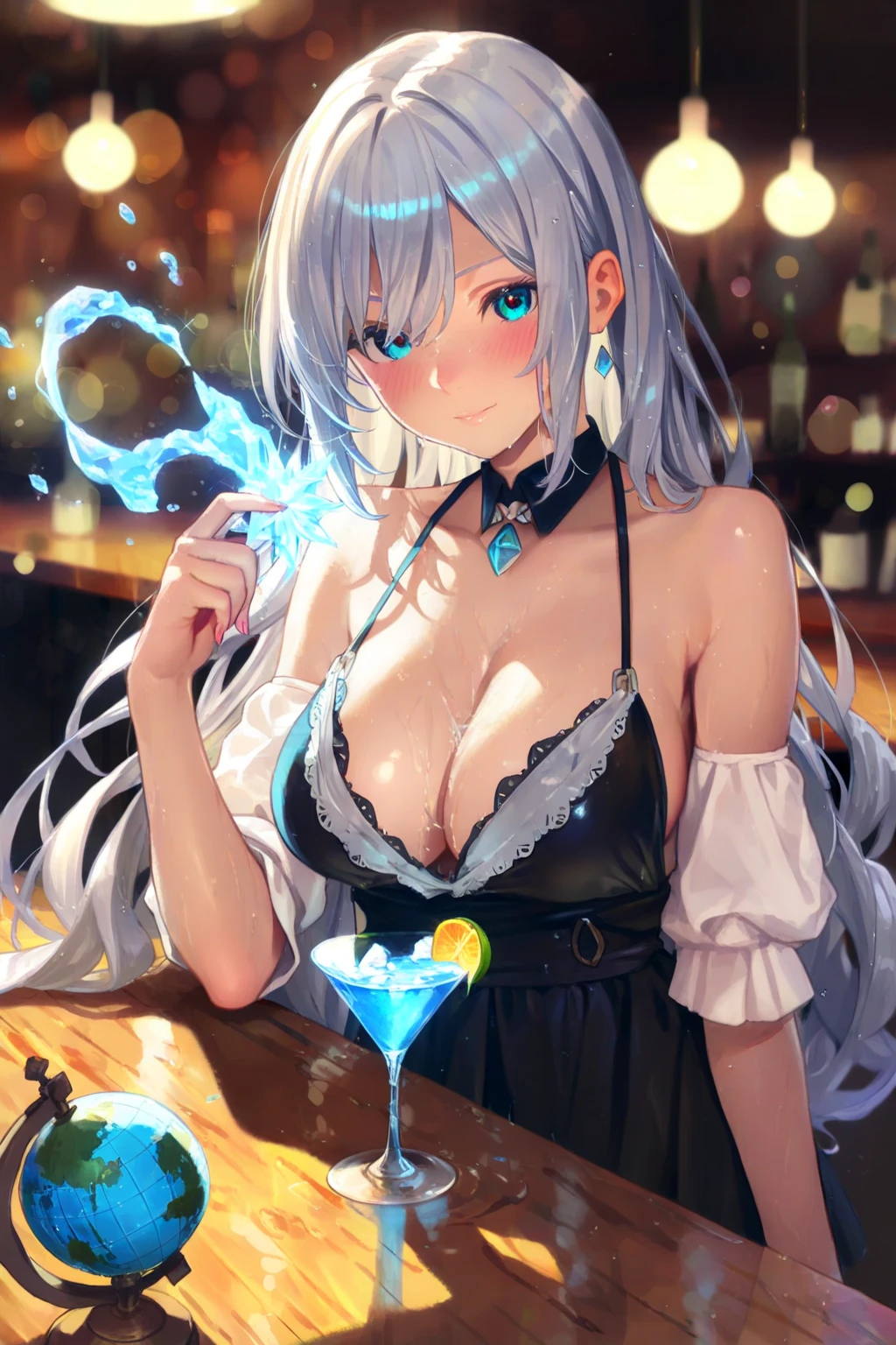1girll, White hair, Purple eye, Bare chest，gigantic cleavage breasts，sportrait, photorealestic, Towels, (Onsen), side-lighting, the wallpaper, NSFW,