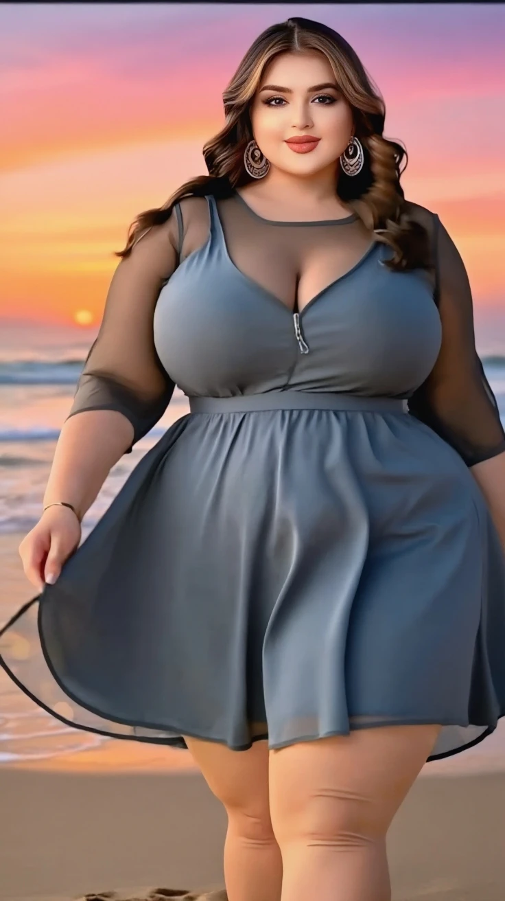 (8k, best quality, masterpiece:1.2), (realistic, photo-realistic:1.37), ultra-detailed, 1 girl,cute, solo, ,beautiful detailed blue eyes, medium wavy hair, , thick thighs, standing on a beach, , smiling, looking at viewer, ,light brown hair, black lips, black lipstick, full body view, , whole body shot, red hat, chubby, black sundress , nsfw