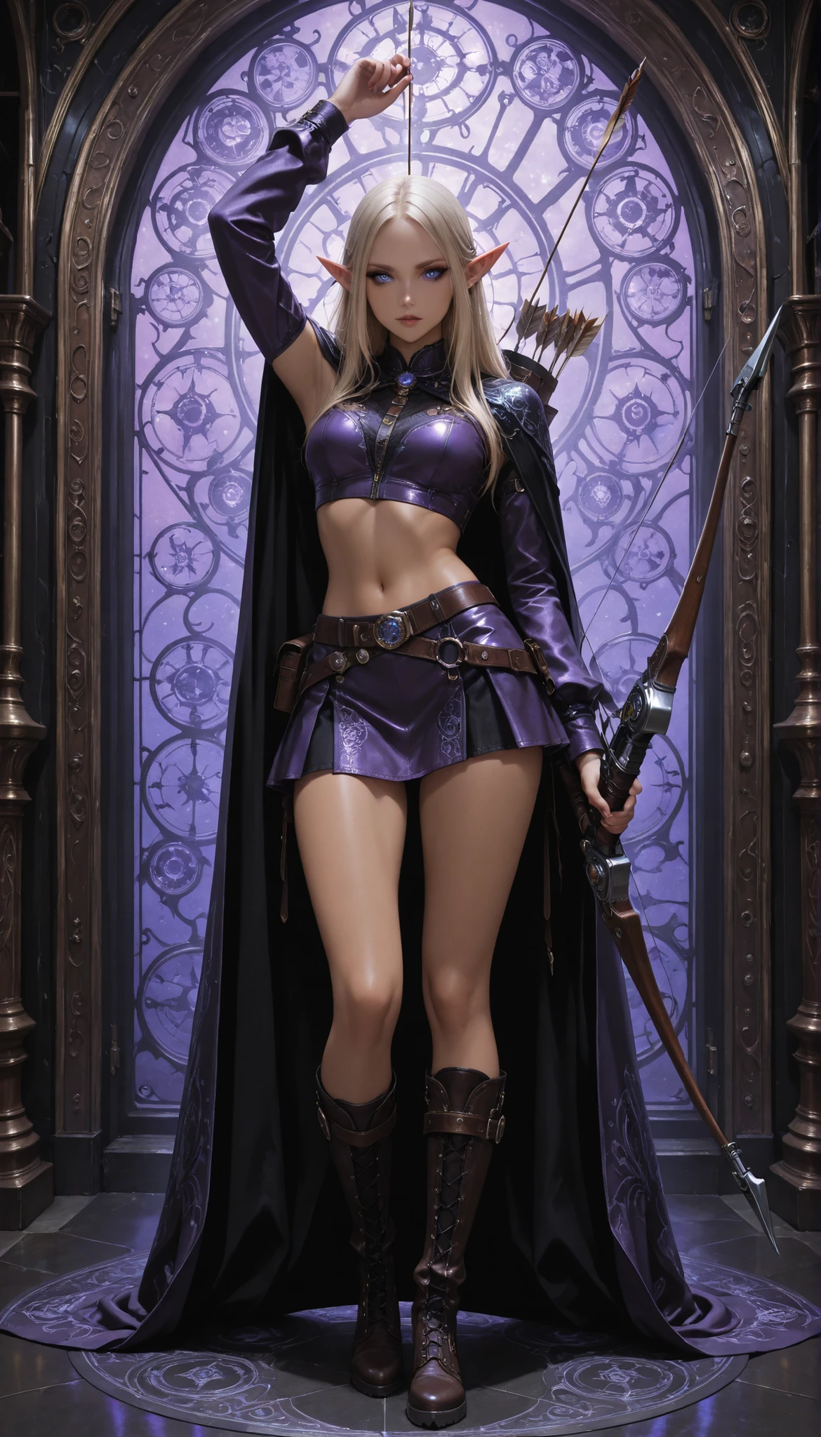 model focus, semi-real anime style, shoot from front, front view, captivating dark elf woman, (perfect painting of the dark elf), (the dark elf who draws a mechanical bow and shoots an arrow, aiming a long bow at up:1.4, Carrying a quiver on her back), alluring, gorgeous, powerful, confident, detailed silky blonde hair is tied back shoulder length, (ultra detailed, outstanding, beauty seductive face, sharp eyes, best makeup), (detailed vivid deep blue eyes) , her eyes that feel strong will, (dark skin:1.2, detailed skin texture, beautiful complexion) , (attractive athlete body, ((small pointy ears, perfect elf’s ear)), I can see her navel , seductive hips), fantasy and steampunk dressed clothing, (dark metallic purple color coloring, steampunk, sleeves, cape, short pallet skirt, tight, cool leather boots with intricate patterns, I can see her midriff peek ) , magical realism, cinematic lighting, masterpiece, high quality, incredibly absurdres, realistic, ultra detailed depiction, perfect anatomy, (extremely detailed CG unity 8k wallpaper, realistic depiction fantasy artwork ),