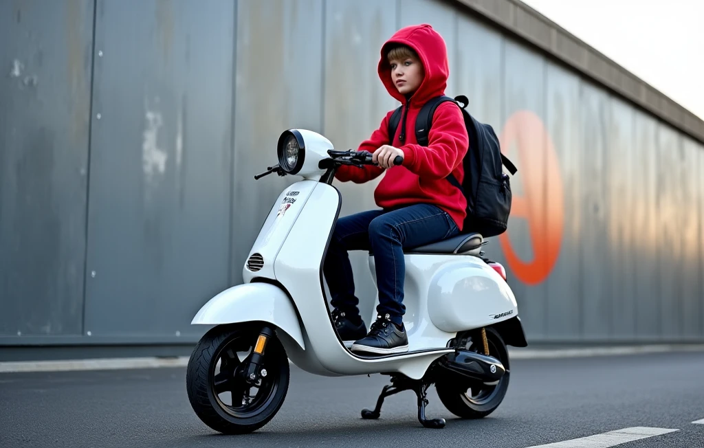 Image of a white-skinned boy, with a grey jacket and a white MD model motorcycle