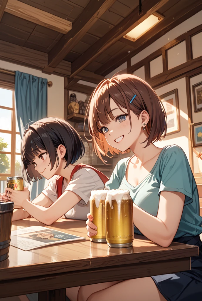 atelier sophie,(best quality:1.3),(yuri:0.7),2girls,low ponytail,half up hair,(have fun:1.2),setting sun,simple clothes,BBQ,fire,beer,meet,from below,fisheye camera,looking at viewer,