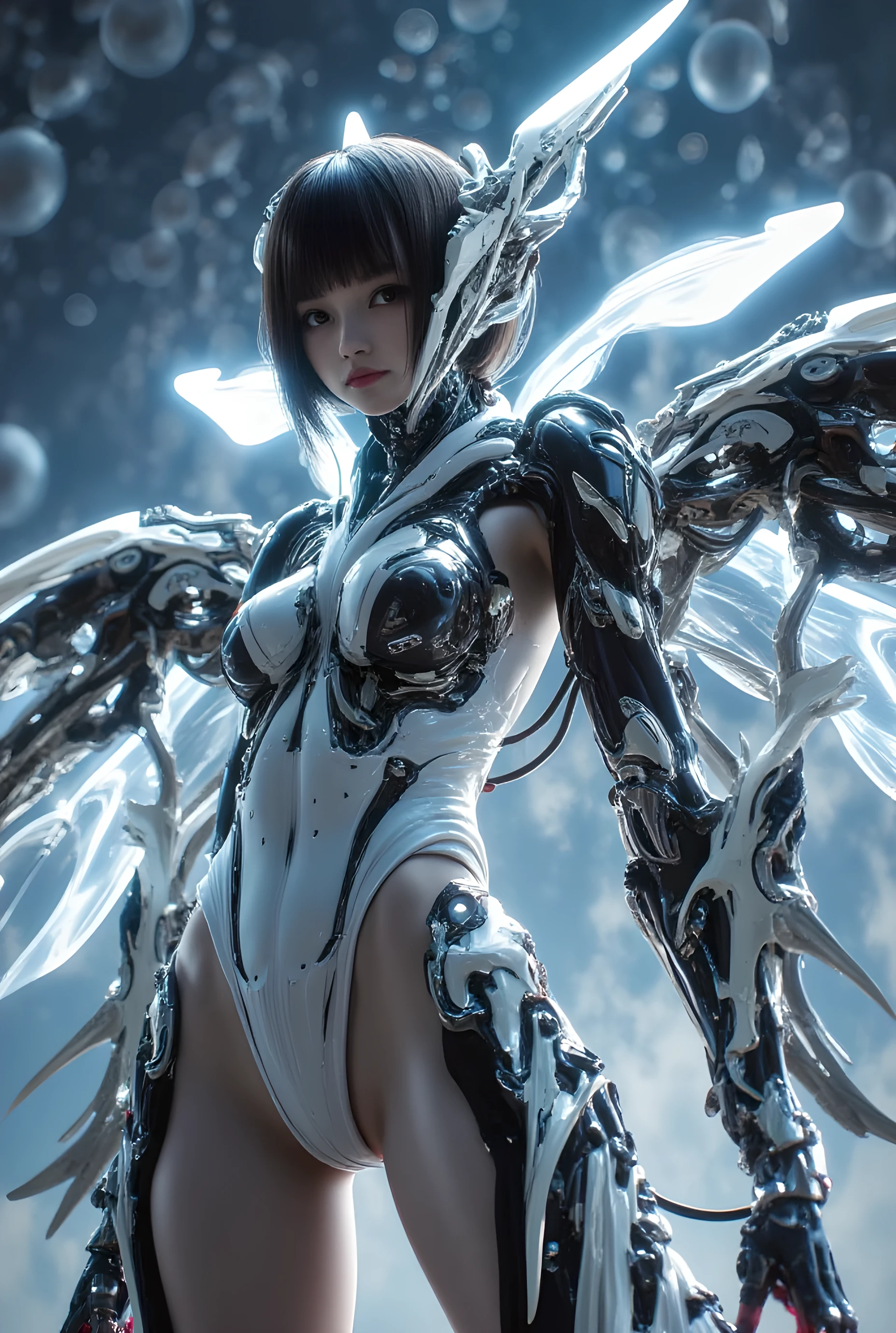 editorial_photography,super_detailed_background,Super_realistic,double_exposure,depth of field,super_slender_skinny vibes,soft_focus bright tone,narrative_scene,ultra-skinny_extraordinary_beautiful_cool_Soldier fused with Mechanical_Wings,mythical,Very_small_flat_chest_breast,humming_Pheromones,glossy_lips,twisted_waist gravure_model_pose,Super_short_dark_hairstyle,Pure_white_skin,in fibonacci_sequence_sky,extreme_close-up_portrait,agate_eyes,captured with a Sony SLR camera,single_long-horn_Beak_Helmet,huge_Claw_Gauntlets,holding_Dual_Knife,combat readiness,cyberpunk,