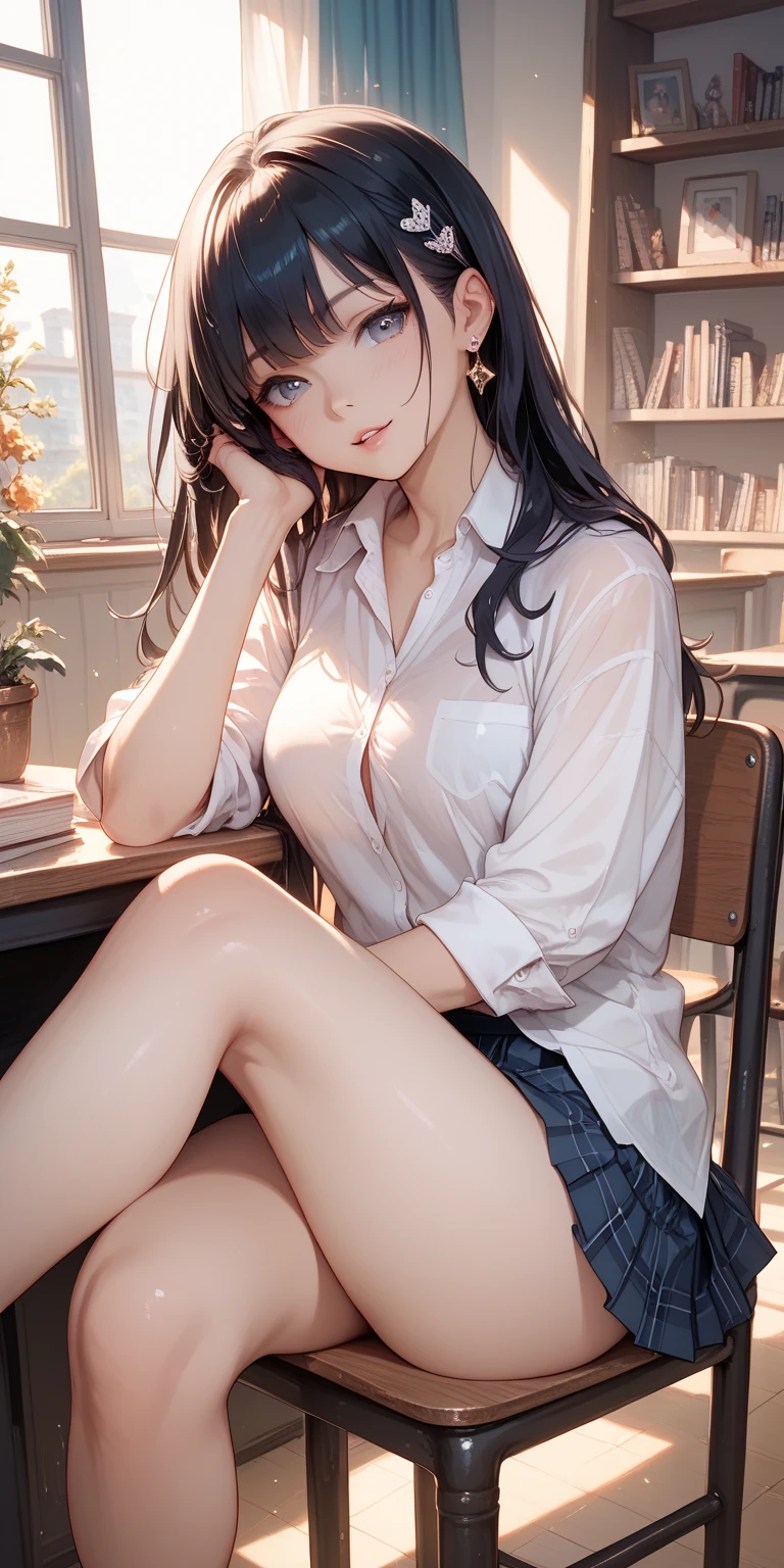 (((masterpiece,Highest Resolution,4K High Resolution,Crisp image quality:)Pussy juice(Detailed Hair,)(Inserting a dildo into a beautiful pussy)((Cool Beauty Teacher,Insurance class,Sex Classes:1.2)(Adult female:1.5)Beautiful big ,blackboard,pupil,Chalk,(It is attracting attention from students)Shyly spreading her legs wide,Tight Skirt,blouse,lipstick,Pussy juice,Realistic,(Showing insertion near the bottom)