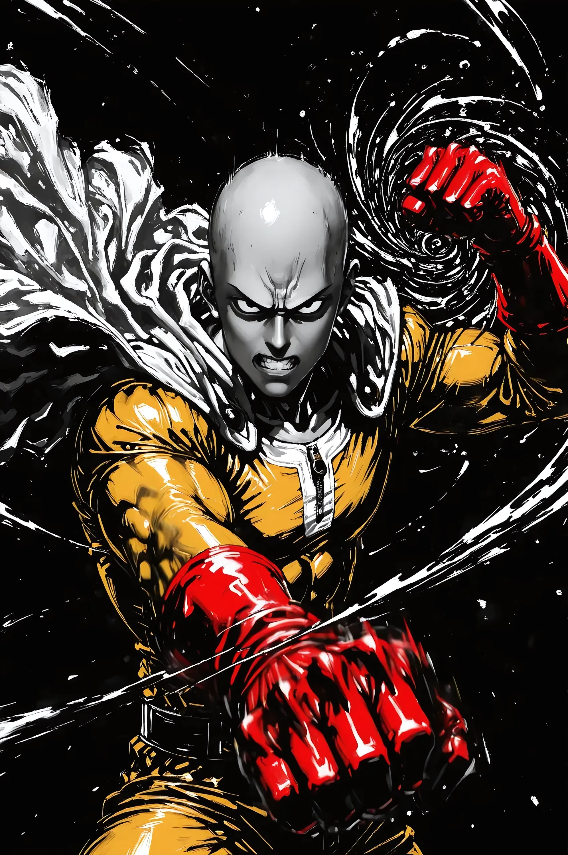 One Punch Man Saitama is looking confused, he has punched Transformer star Scream (who blew up), now Saitama is still in a punching stance in a crater surrounded by robot debris
