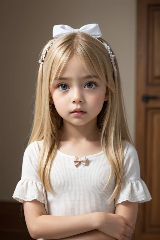 Russian, Girl Kids , Close-up, Photo Studio White Background Bust, Portrait , Long Blonde Hair and Bows