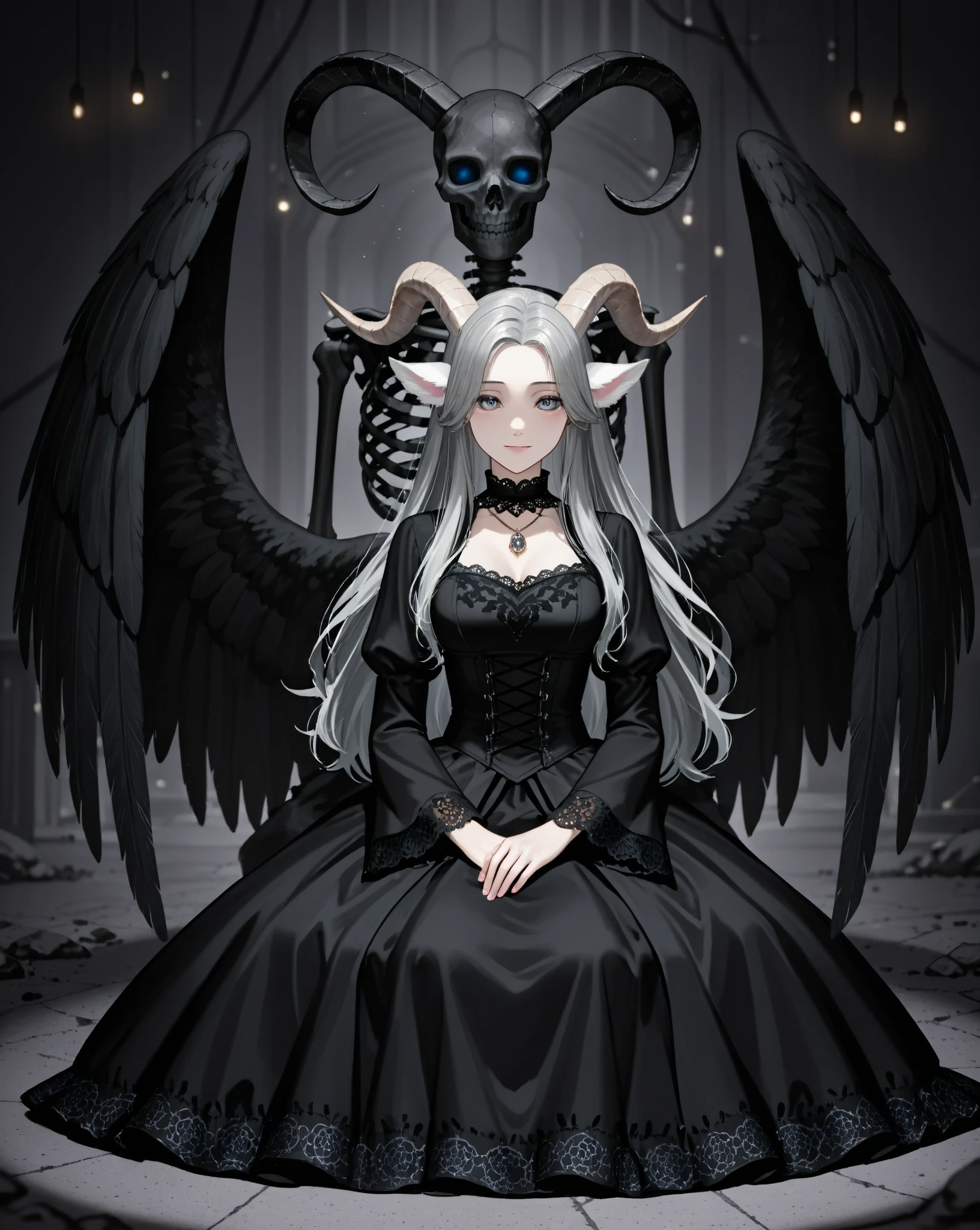 dark, unholy, evil, astral, creepy style, mystical, nice perfect woman skeleton skull, skeleton hands, woman Grim Reaper clothes, cat ears, angel black wings