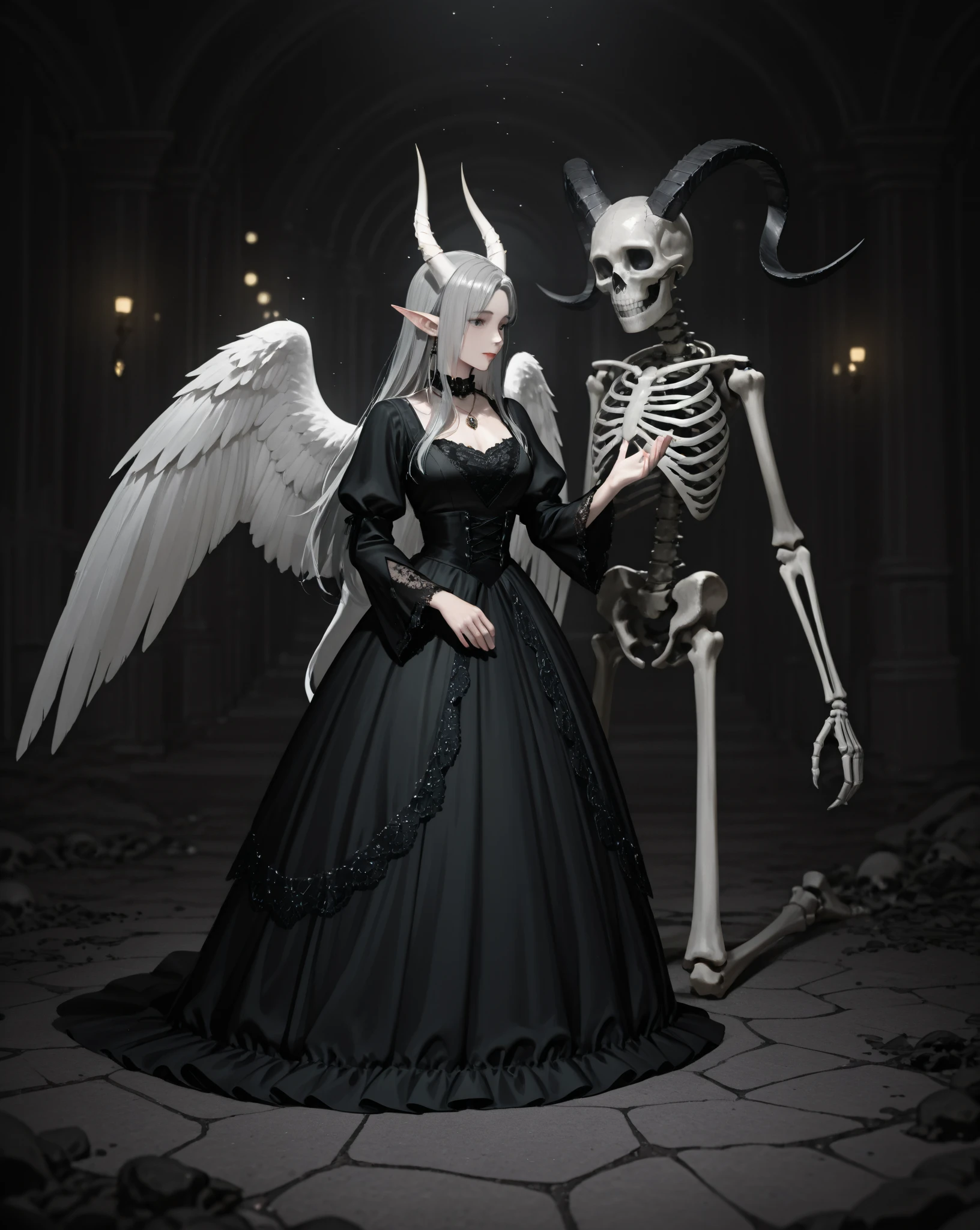 Fine matte painting, skeleton dark angel big wings haunted castle on drawing table full of knives, horror, spookiness, scary, secret horror, tentacles, vines, eyes, uncanny valley effect teeth, limbs, animals, blood moon
