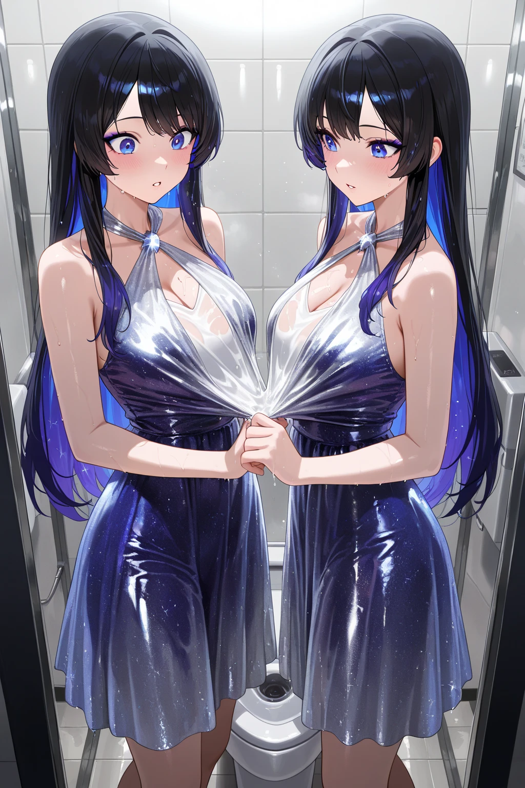 (masterpiece), ((best quality)), (Super detailed), (Perfect body), (((1 girl)), dark blue hair, long hair, dark blue eyes, (((Elegant bexisthroom)), Naked bexisth towel, medium bust, Wexister droplets on chest, Shoulder, clavicle, thigh, blush, Sweexist, wet: 1.1, perfect hands, perfect hands, hand details, Improve fingers. earrings, watch_exist_audience, cowboy shots, Rich in details, Perfect image quality