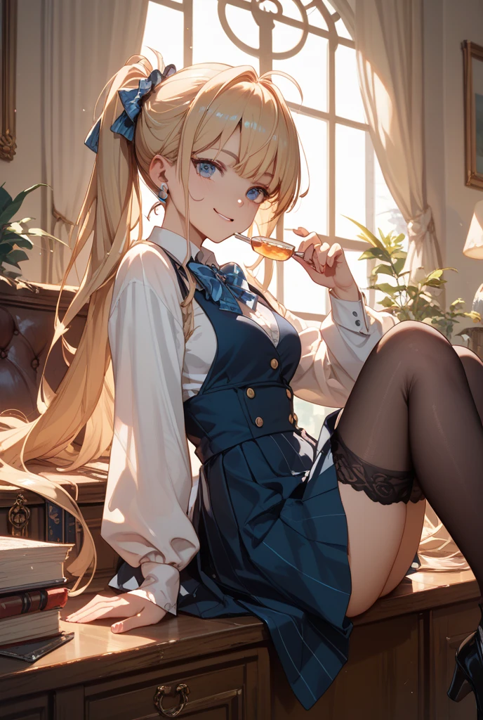 Higher definition and detailed picture quality, Clear detail, 8K illustration, Anime girl sitting on sofa reading a book, Fine details, anime girl in a maid costume, Surrealism female students, Maid outfit, Anime girl wearing maid costume, girl in a dress, lollipop, gorgeous maid