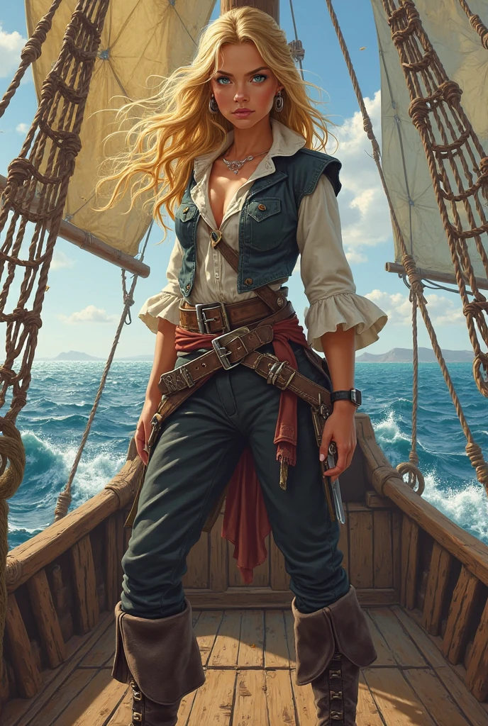 In the same style, a blonde pirate girl on a 15th century ship - SeaArt AI