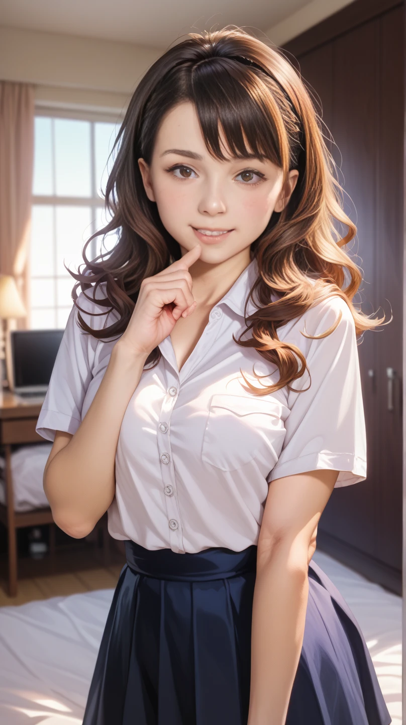 product quality, 1girl, upper body shot, front view, a Japanese young pretty girl, long bob hair, lying alone with a big smile on her back on a silk bed in a luxury room in the night, glamorous figure, wearing a long sleeve and white collared silky satin shirt unbuttoned, shiny satin white , hyper cute face, glossy lips, double eyelids in both eyes, natural makeup, long eyelashes, shiny smooth light brown long bob hair, asymmetrical bangs, central image, high resolution, high detail, detailed hairstyle, detailed face, spectacular cinematic lighting, octane rendering, vibrant, hyper realistic, perfect limbs, perfect 