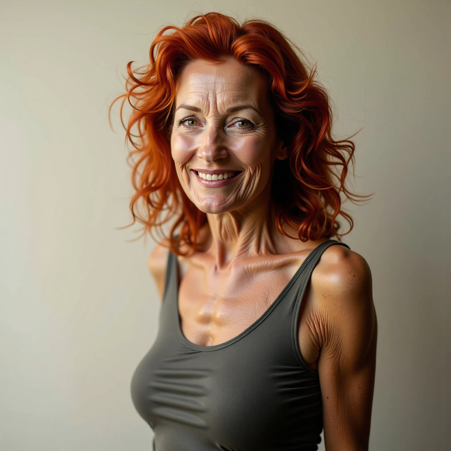 1 anorexic extra skinny old woman, anorexic 75 year old Susan Sarandon lookalike, ((half length body portrait, sad aged face appearance, over 75 years old, naturally old but very skinny and sexy,)), masterpiece, best quality, super detailed, ((totally nude woman))), (((strawberry blonde and gray hair in a long curly 1970s disco shag hairstyle))), ((very dark dramatic eye makeup)) and ((extra long lashes)), ((thick red lips)), very large round tits (upward pointing tiny bright red nipples), big round round perfect muscled ass, ((sexy clear 3-inch thigh gap)), ((red haired pubic hair thatch)), ((puffy red pubic mound, enlarged red mons pubis, red glistening just-fucked pussy)), ((veiny abs and groin)), tiny thin narrow ((20-inch waist)), anorexic extra skinny veiny muscles arms, extra thin and skinny and veiny anorexic muscular legs, dramatic indoor light with a skylight, f/5.6 bokeh drama inside an abandoned factory building, she is leaning against a wood and metal work bench, a broad sexy smile looking straight at the camera, (film grain: 1.3), backlight, (lens flare: 1.1), (halo: 1.1), (chromatic aberration: 1.1), (warm tones, warm tones), aging old 85 year old extra skinny anorexic thin sexy Deborah Harry lookalike, ((tiny pink hard erect nipples pointing upward are clearly seen)), she is such a hot GILF, (aging wrinkled and age-spotted freckled face)