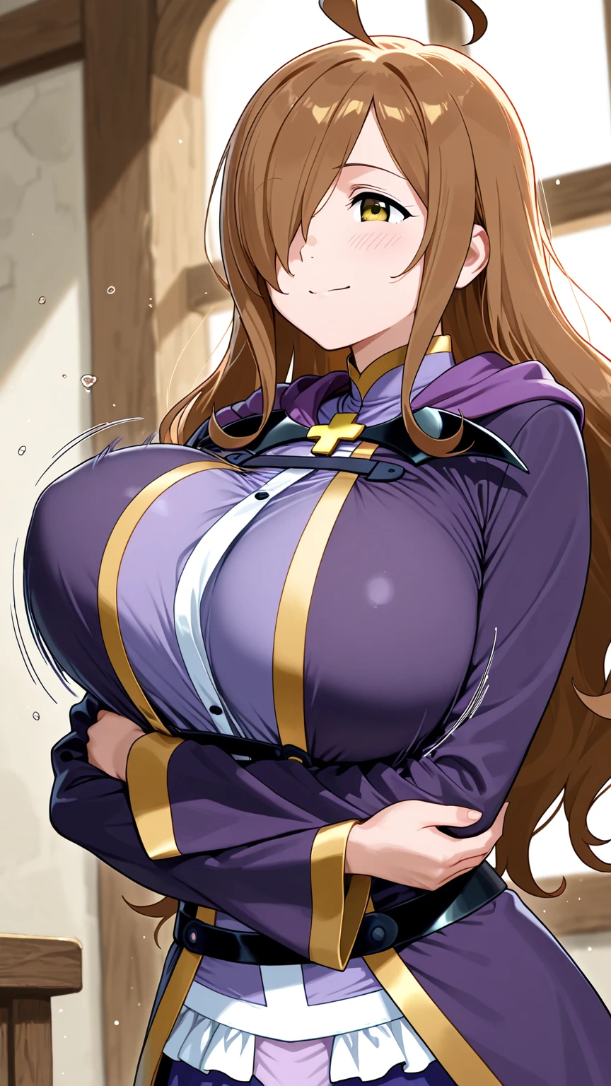 ((nsfw,masturbation,breast milk,inverted nipples,aroused,topless,show off nipple,))1girl, solo, Super huge breasts,plump,Whipped thighs,upper body, portrait, smile, ahoge, sidelocks, wide sleeves, hair over one eye, robe, long sleeves, looking at viewer,perfect quality, perfect,high quality,good quality, masterpiece, faultless,HDR, UHD