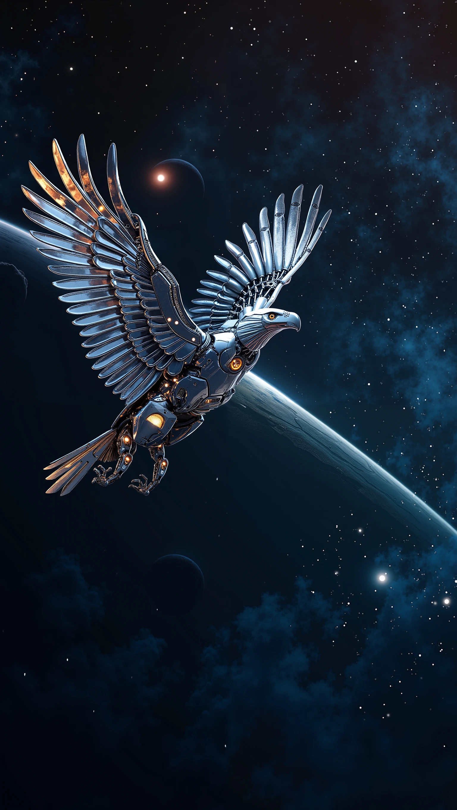 Ultra-realistic, hyper-detailed robotic eagle soaring through space, metallic feathers reflecting cosmic light, glowing mechanical joints, wings spread wide, dramatic lighting, surrounded by stars, nebula clouds, and distant planets, cinematic perspective, high contrast, 8K resolution, photorealistic textures, deep space background, epic and majestic atmosphere.