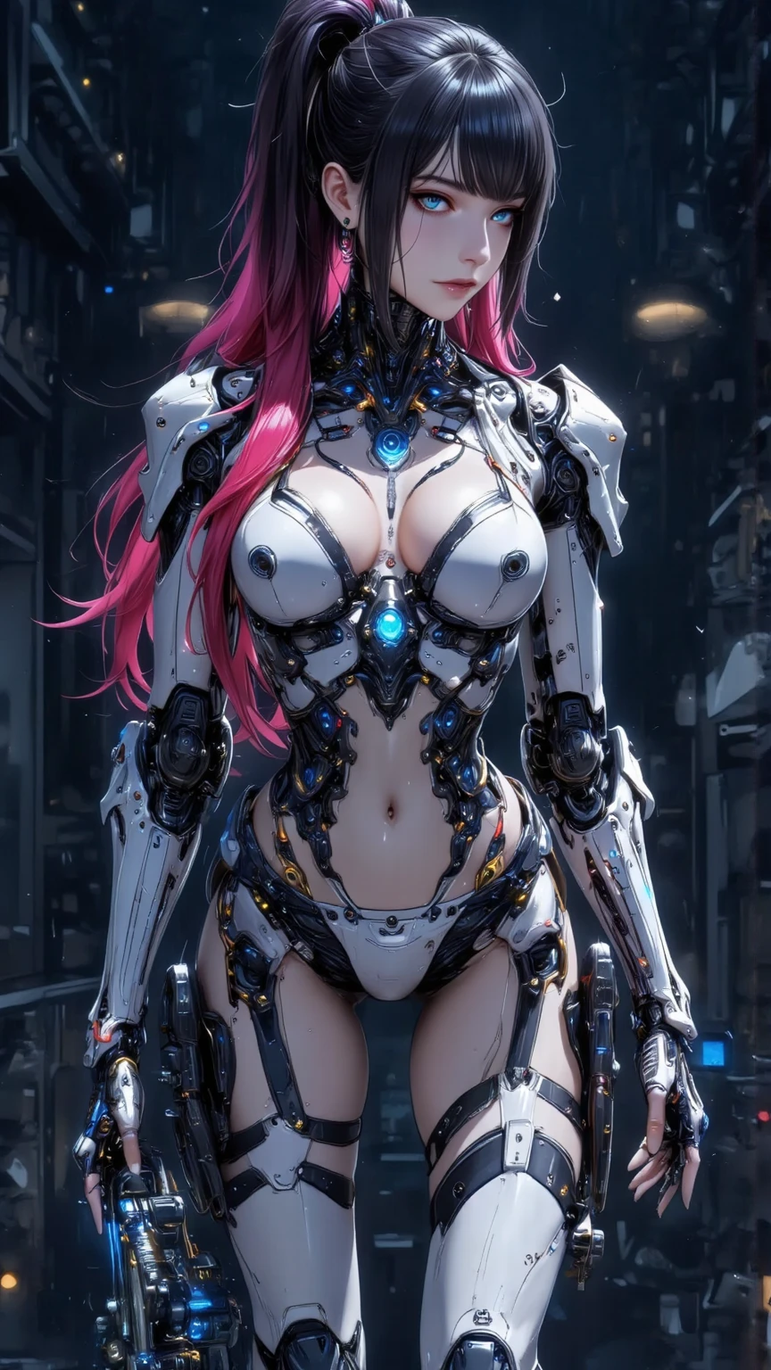 Evangelion Girl, Mecha Body, Cyberpunk, Mechanical Body, Metal Body, Face, Chest and Thighs Are Raw Skin, Cleavage Visible, Sexy, Red Eyes, Glowing Eyes, Metallic, Detailed Neon, Small LEDs, Delicate Parts, Cables, Cylinders, (Masterpiece: 1.3), (8k, Photorealistic, RAW Photos, Best Quality: 1.4), ( 1 Japan cyborg girls), beautiful face, long hair, hair fluttering in the wind, strong wind