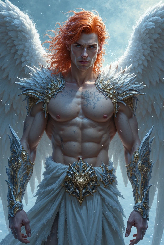 Lucifer, male body, angel with male face, six wings, nude, long unkempt orange hair, male, highly detailed, intricate details, dramatic lighting, cinematic atmosphere, vivid color, masterpiece, photorealistic, 8k, ultra-detailed, surreal, dramatic pose, powerful, mystical, amazing, glowing, sacred, celestial, sacred, mythical, fantasy, epic, movie, chiaroscuro lighting, dramatic shadows, volumetric lighting, depth of field, bokeh, beautiful lake