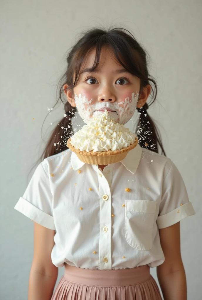 (competition, messy), (1woman), (officewear), (target of a pie throwing competition). Watch as she gets hit with an abundance of whipped cream pies to the face. It's a (messy game) and (wet and messy) experience that will leave you in stitches. (Pie throwing) and (pie fight), with (flying cream) and (thrown pies galore)