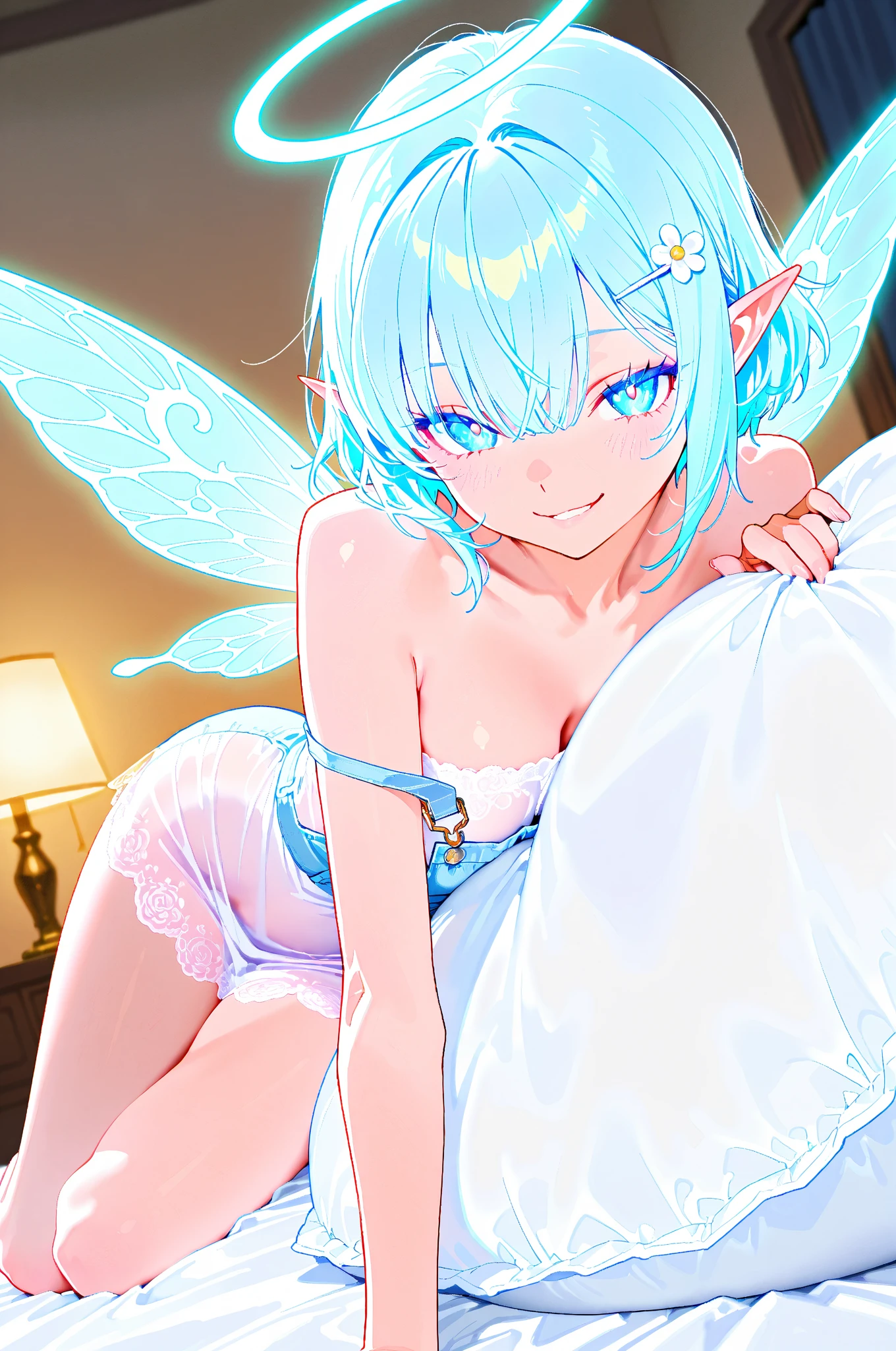 score_9, score_8_up, score_7_up, best quality, masterpiece, 4k, uncensored, prefect lighting, rating_explicit, very aesthetic,source_anime,(((cel shading))), ((anatomically correct)),1girl,(panties:1.4),(messy hair:1.5),((leather accents)),((spiked jewelry)),((fairy wings)),blue hair,short hair,messy bangs,ultra-detailed face,beautiful detailed eyes,((narrowed-eyed)),violet eyes,flat chest,,nipple exposed、open legs, squatting, having sexual intercourse, dripping crotch, blushing, seductive gaze, sticking out the tongue, ahe face, Facing up, Raise one hand, wink, ahehalf, tongue out, funtoys, dildo, sex_toy, riding dildo, dildo in ass, butt shot, looking back, (bedroom)