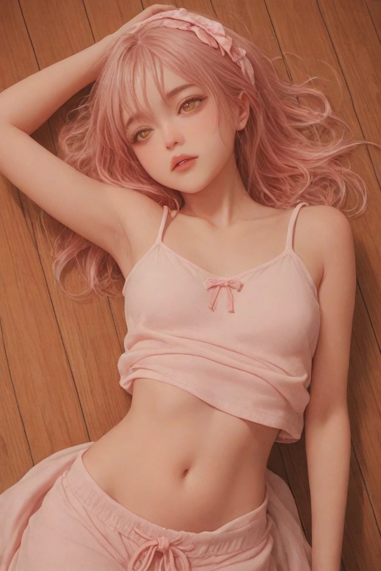 Fille 10 ans, Realstic, String rouge et noir , crop top, poitrine dur , cheveux court blonds, doigts parfait, dans son lit , coucher sur le dos,