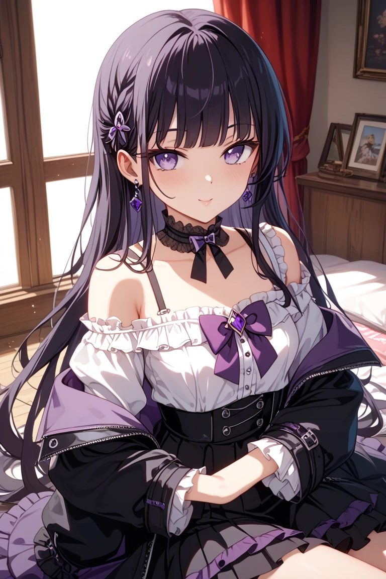 Una chica de piel morena sonrojada, con el pelo corto y desordenado con flequillo de color negro , ojos grandes y redondos de color negro, hero costume that was a purple corset, a skirt with a pink bow, medias largas con rayas color morado con rosa, y unos zapatos estudiantiles Cute, imagen de alta calidad, colores pastel, orejas de elfo