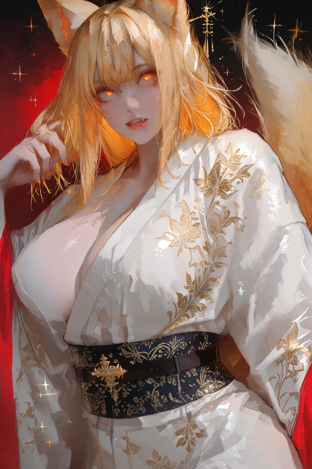 Masterpiece, best quality, high detailed, beautiful face, face detailed description, Ultra-detailed face, Detailed eyes, (((1girl, a female blonde with nine tails, nine tails))), delicate and fine, (mystical creatures), massive breast, wearing kimono, seductive, varied pose, perfect body, perfect face, plump boobs, perfect boobs, perfect anatomy, (nighttime), seductive smile, long legs, head tilted, hands on cheeks, --s2
