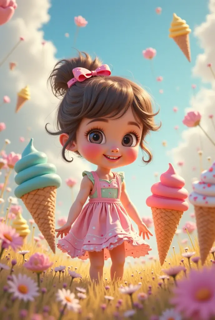 between 10 years , skin fair, long dark curly hair , withe dress ,with a cupcake in hand , sitting in a sweet world .