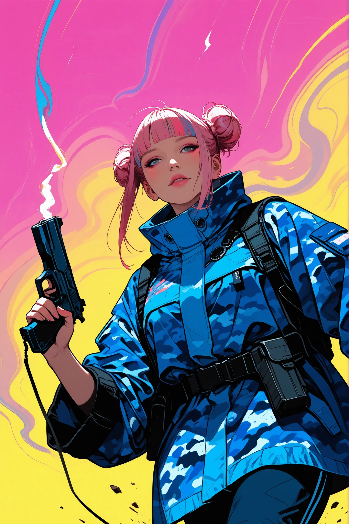 m0eb0s,flat color, sinozick style,cyberpunk,(1 girl), a girl wearing vivid-colored camouflage military coat, (pink, yellow, blue wear), workpants, (beautiful face), (realistic face: 1.2), pink hair, double bun hair, blunt bangs, running, dash, holging a gun, Psychedelic, neon colour, 2D Illustration, real illustration, european comic, high detailed, low-angle, Hi-Fashion art,
BREAK
anatomically correct, biologically accurate, normal number of fingers, natural limbs, well-proportioned body, best quality, 8k, HD