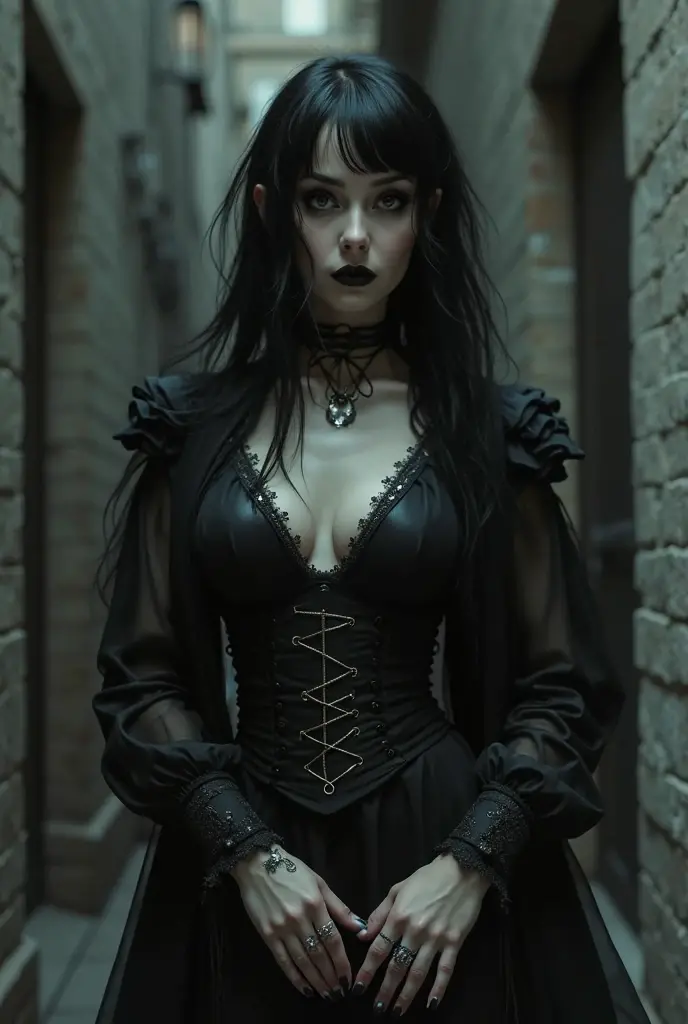 1 woman, European face, European eyes, pretty face, 30 years old, age 30, black long hair, black, green eyes, gothic style, wearing a long black dress, ultra detailed face, hyperrealistic, realistic representation, full body view, gothic style, dancing at a gothic festival