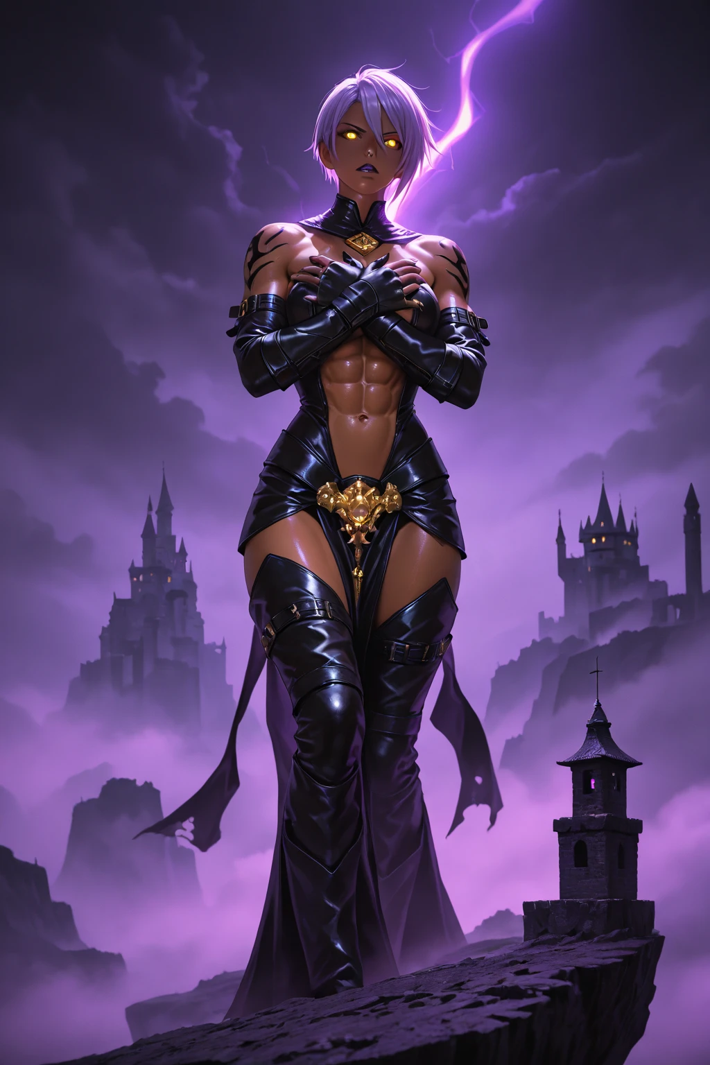 (masterpiece, realistic, best quality, perfect face, (beautiful and aesthetic:1.4), highest detailed face), ((gorgeous dark elf sorceress, (purple eyes:1.2), (dark skin:1.4), (flawless dark brown skin:1.4), shaply thighs, (short blonde hair:1.3), fake breasts, (narrow waist:1.2), pointy ears)), (cleavage:1.2), ((skimpy robes)), beautiful detailed eyes, (dark purple theme:1.2), ((energy magic swirling around)), curvy body type, looking at the viewer, full body shot, (side view:1.3), detailed background, (dark desolated cave, (night:1.4)), (solo:1.4), (full shot), (elegant, intricate, digital photography, high quality, 4k, extremely detailed, sharp, HDR),