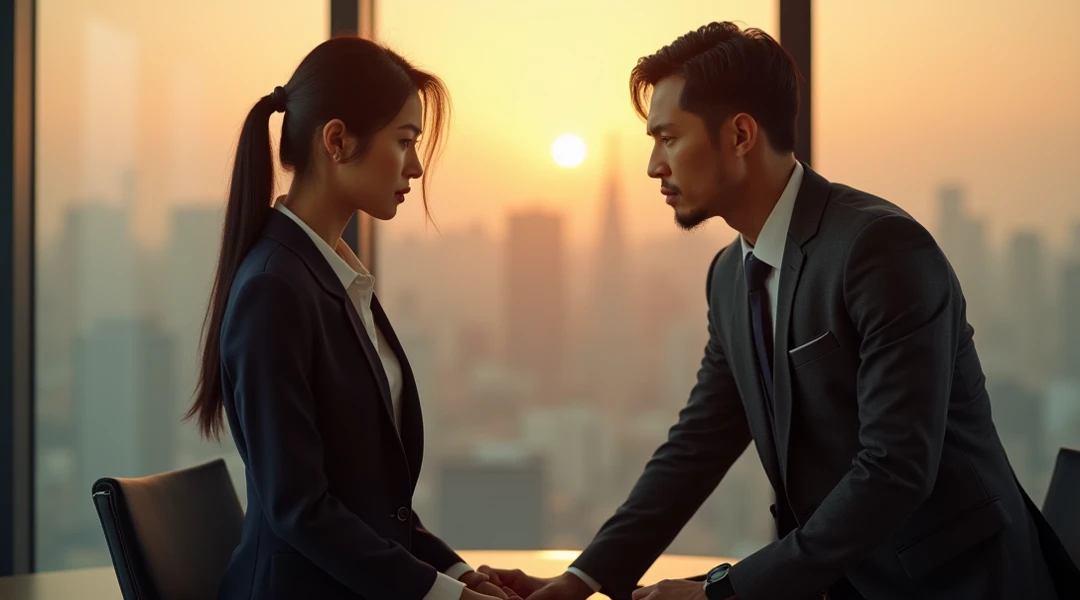 Male and female couples　The girl leaned back on the table，Wear a shirt and hip-hugging skirt。The boys are next to the girls，Wearing a black suit and trousers，I have a watch in my hand。Hands on the girl's waist，The girl leaned into the boy's arms。