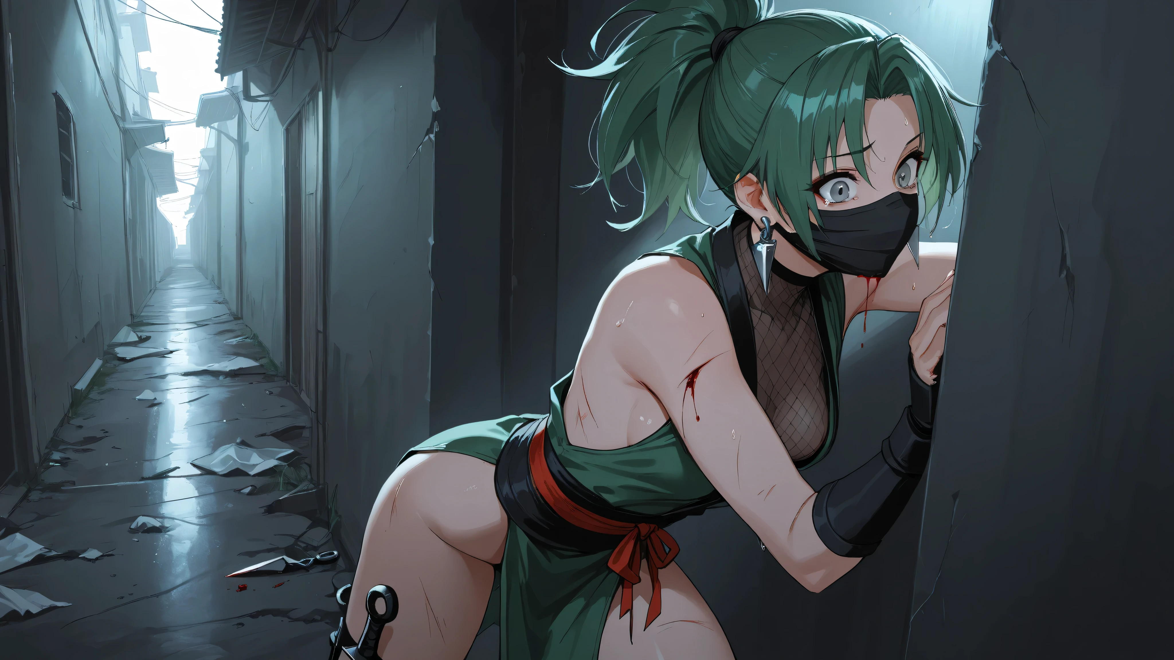 score_9, score_8_up, score_7_up, source_anime, Akali from league of legends, ripped outfit, feet, thrown at a garbage, dumpster, laying on trash bags, bruises, torture marks, after rape, vomiting cum, pussy filled with loads of cum, stirrup legwear, spreading pussy with fingers, spreading pussy with both hands
