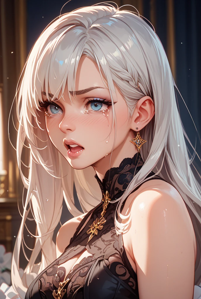 1 girl, black dress, black skin, abyss, darkness, white hair, prisoner