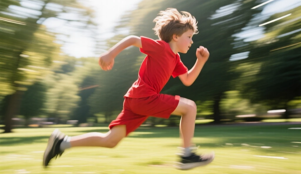 Please draw a picture of a boy who is running in a race and at the first position of all of the boys among the race the scene should be cinematic and creative