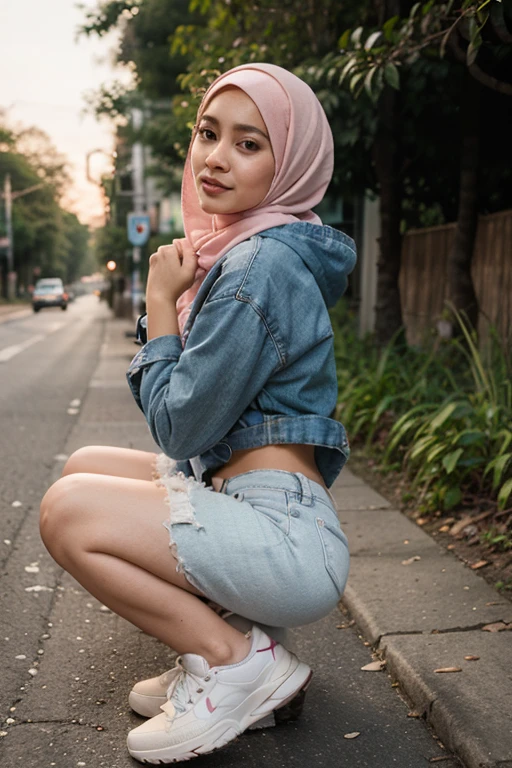 10 years old turkish girl wearing hijab white shirt black loose mini skirt long and beautiful legs white long socks black shoes very beautiful smiling sweet girl in the park high hd image quality