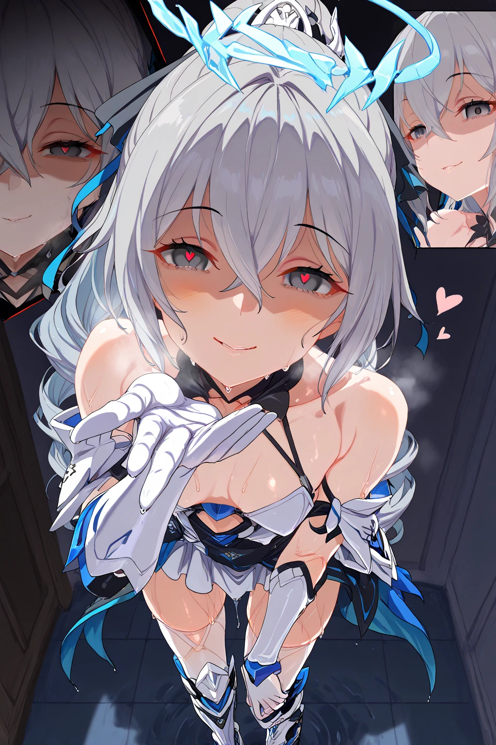 beautiful, masterpiece, Highest quality, anime, One girl, C Cup,Portrait Shot, View your viewers, Covered、Short Hair、nearby、Blue Eyes、art、White hair,Blue streaked hair、wallpaper、Cute smile、Cute、blue sky、Full Harness、Sweat、heart hands、Nude、Thigh、tits
