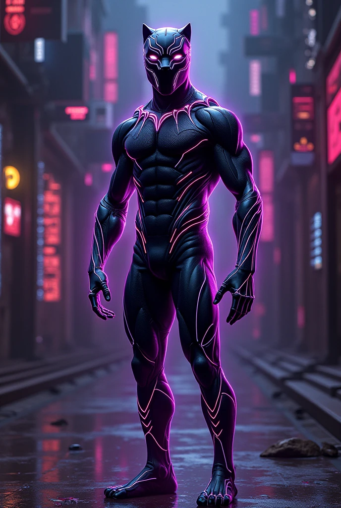 Black panther superhero wearing a iron man and futuristic neon light suit
