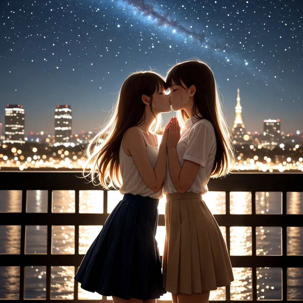 (((best quality))),masterpiece,ultra high resolution,(ultra high definition),(movie quality:1.3),(movie lighting),(low light environment:1.4),Female love couple at night(((Under the Milky Way)))Suburban women kissing, (SFW) Work, kissing together cutely, (((Girl Love Art))), OPPEIN, Side milk, Slightly saggy big breasts, small breasts, (((Very long wavy blonde hair))), (((Straight brown hair with side bangs))), (girl love kiss), The mouth is very detailed,  (girl love hug), touch her hand, touch her clothes, touch her breasts, (((Hands touching her breasts))), sit on lap, Long hair fluttering in the wind, SFW version