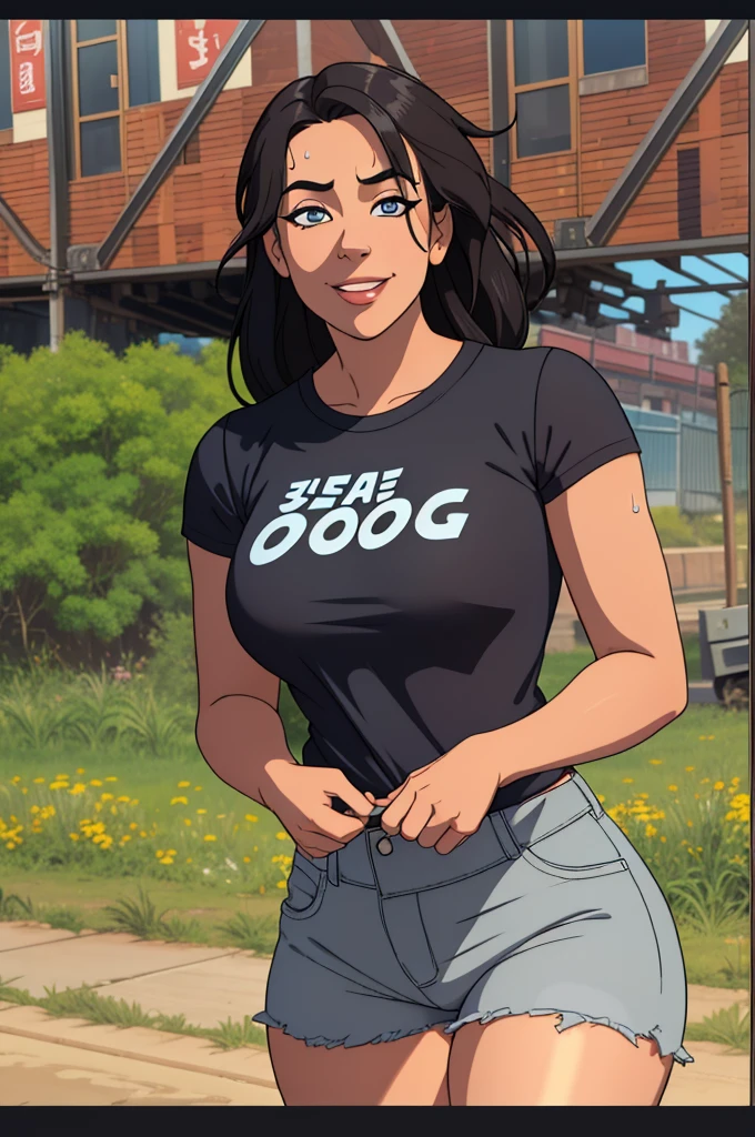 1 girl, big breasts, black hair, cropped top, jeans shorts