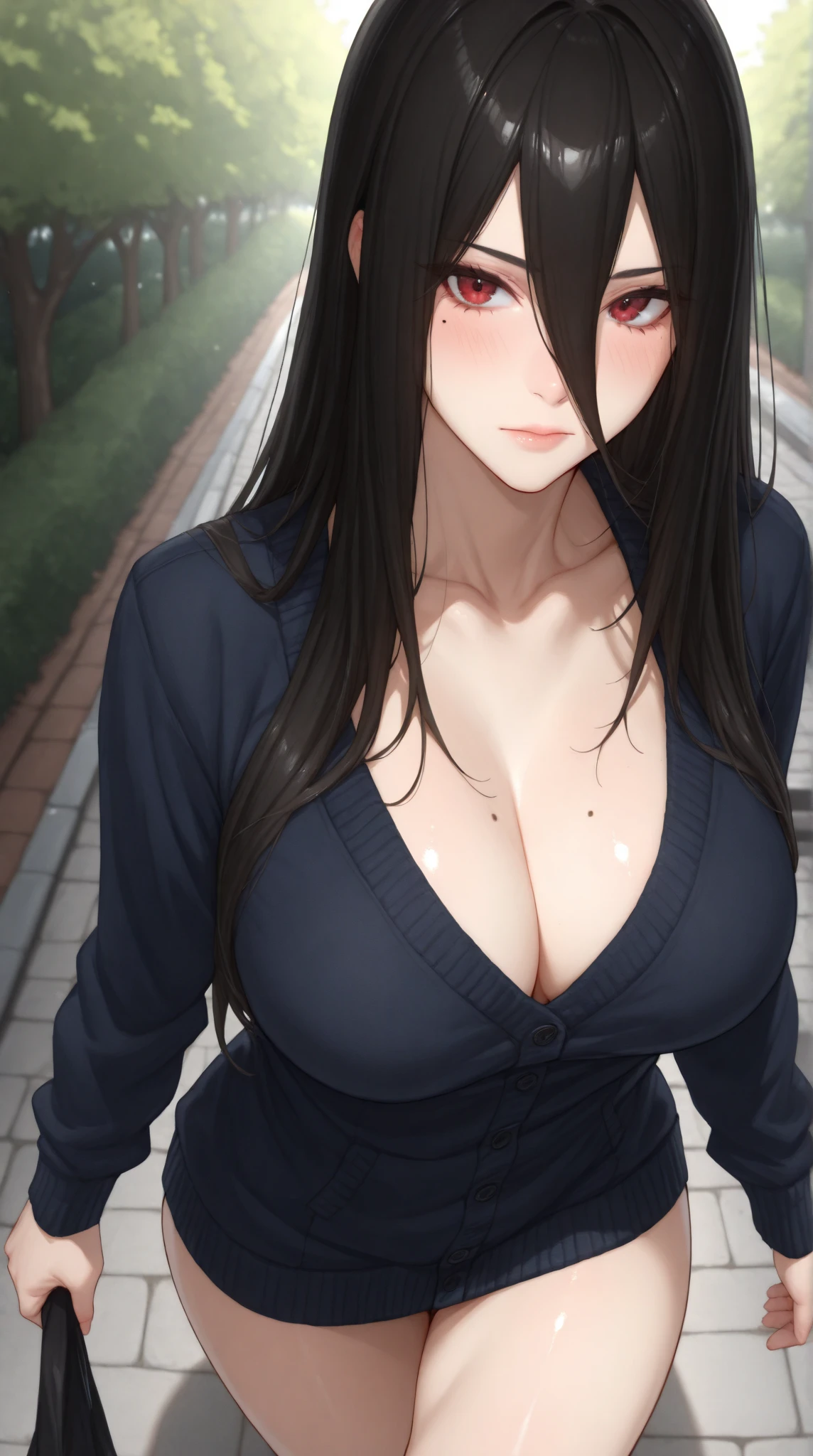 Cute mommy, mature women, realistic skin,perfect ,black hair, long hair, (hair over one eye:1.4), messy hair, hair between eyes, daster, chubby,plump,fat,pucker lips,cute shy blush on, under tree,night