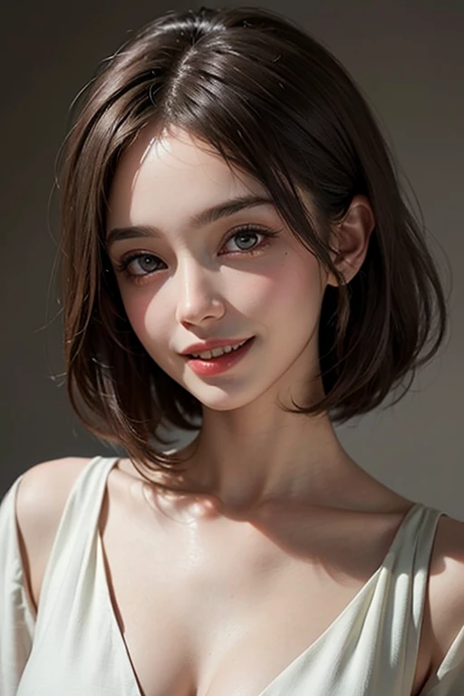8K uhd、RAWphotograph、モデルphotograph撮影、 European race、(masterpiece、highest quality、Photorealistic、High resolution、photograph:1.3)、Close-up、Focusing、Hot Model、slim、30 year old mature woman、Small face、No makeup、Short Hair、Dark Brown Hair、Fine beautiful eyes、Realスキン、(perfect body)、Sexy hot face、Erotic、Sexual gaze、slim、Detailed beautiful eyes、Glossy lips、Small breasts、Small breasts、Bust B cup、Dynamic lighting、Real、超Real、 realism、Realなディテール、Cool beauty、Cool pose、Background gray、Plain grey background