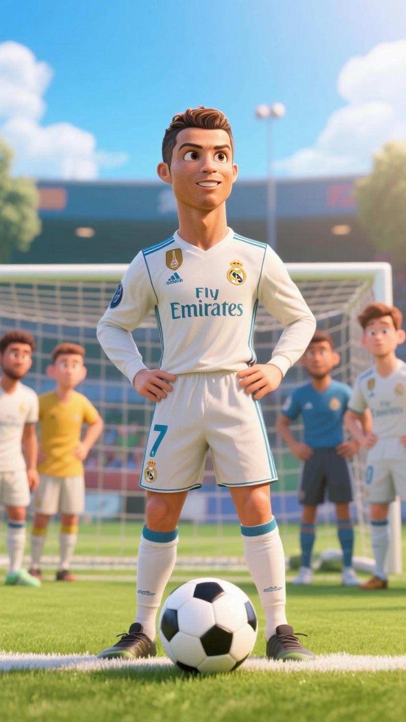 best quality,8k,highres,masterpiece:1.2),ultra-detailed,(realistic,photorealistic,photo-realistic:1.37),disney style,chibi,full body,playing soccer,smiling,unreal engine,detailed,Ultra High Definition,8k pelo rubio un poco largo real madrid