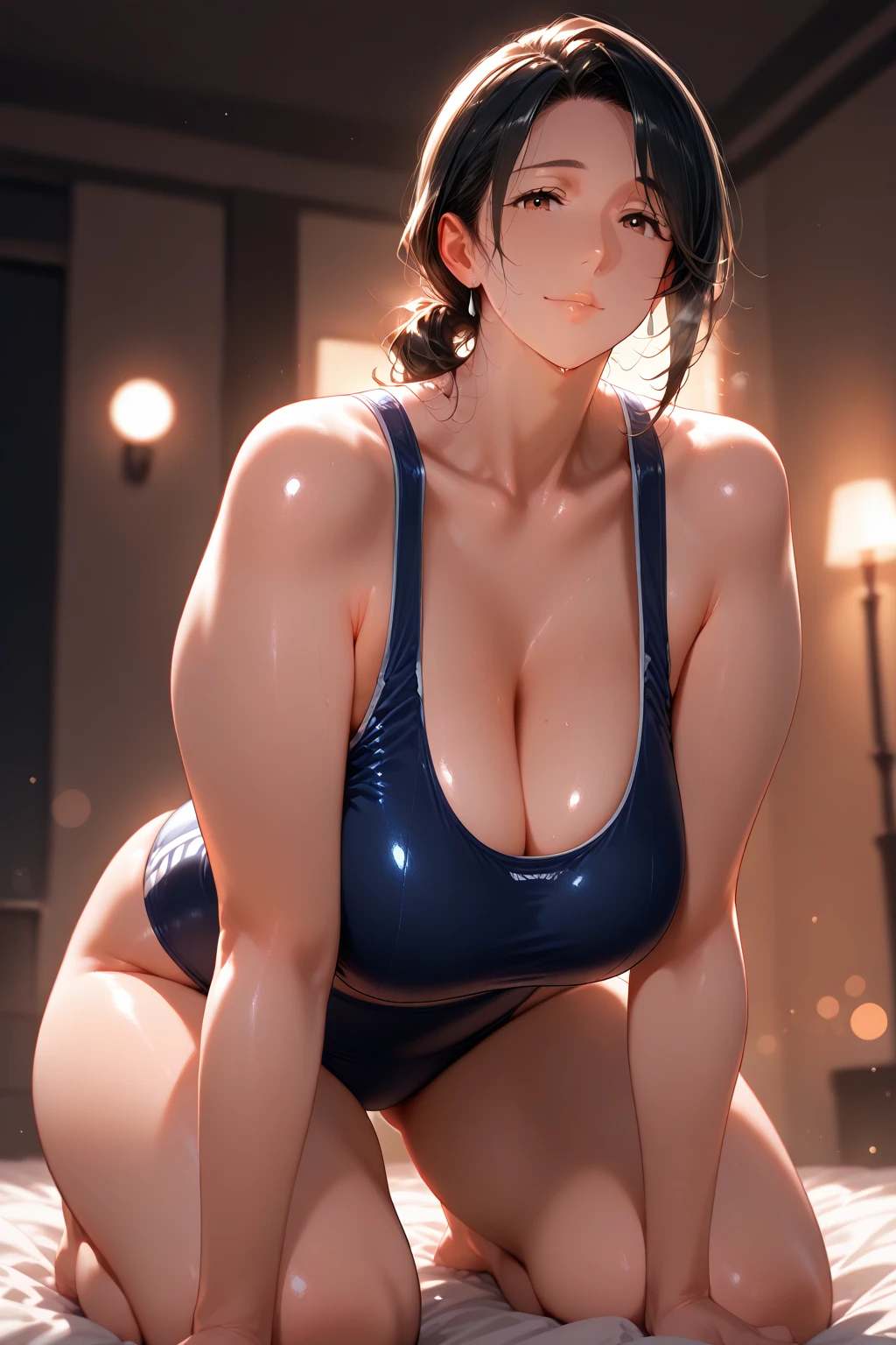 ((Best Quality)), ((masutepiece)), ((highly intricate detail)),Beautiful, High quality, hight resolution, absurderes, light difussion,(shiny latex swimsuit), Intricate details, intricate-detail, ((latex boots)), (Body_builder:1.2) , (Perfect face:1.3), (Squat down and spread your legs),extremely detailed eye, Colorful, highest details, Vibrant colors, High contrast, (Leg opening 1.2), (Photorealistic:1.2),(masutepiece:1.4), (Best Quality:1.4), ((Tight_Suit)),Realistic,medium breasts.Her physique is truly remarkable, intentional.Her chiseled six-pack abs are、Proudly shows dedication to physical strength, of the time spent perfecting her body..evidence.Dressed in a shiny latex swimsuit that accentuates her muscular figure,she emanates an air of confidence and dominance.Pushing the body to its limits、A sacred space that transcends the boundaries of what seems possible,18+ Face,Face,Wet mouth,nsfw art, body curve, full sexy body, ((Full body)),erotic posing、thighs thighs thighs thighs、perfect chest、(Open your legs in front of eye level) , beauty shirt, (The upper part of the body_Body),(Big_Body:1.5), Perfect body, Naughty Girl, (tatto:1), ((1girl in:1)), Full body, Human, ((full_Body)),((busty:1.5)),Short_hair,(Tight_Suit),((Body_builder:1.5))