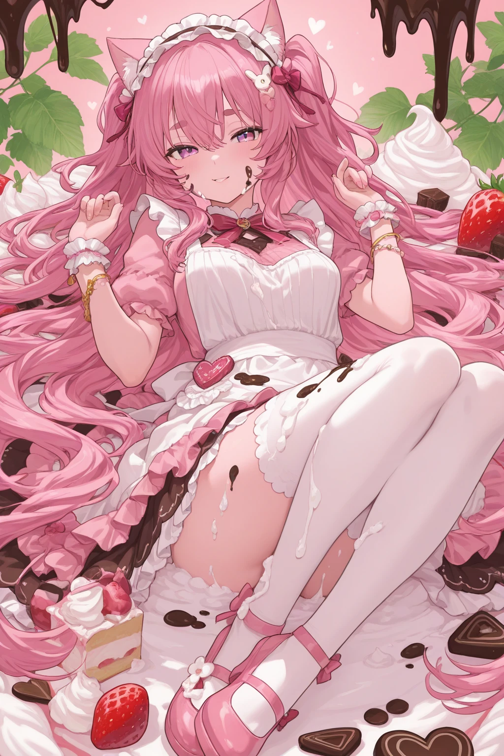 Pink gothic dress Pink drill pigtails Chocolate Closed eyes White hat
