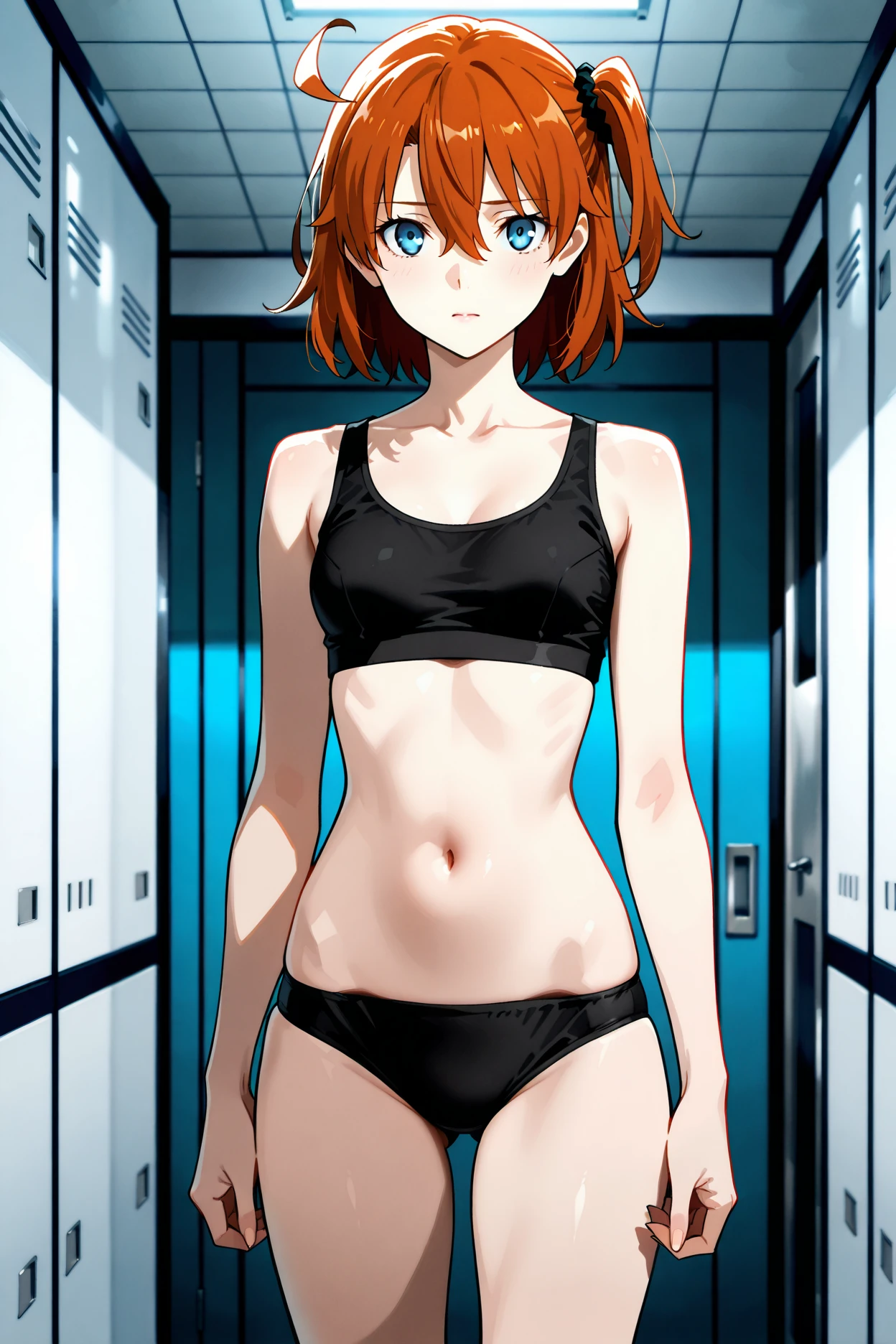 A Female mature robot loves herself. she wears nothing. Her Brown very short pigtails is tied with two big red clothespins, mature, android, blue eyes, full body, Height: 160cm, flushed cheeks, sweat bucket. full body shot, looking straight. Her smile is complete.show White pantie, Looking at the audience,