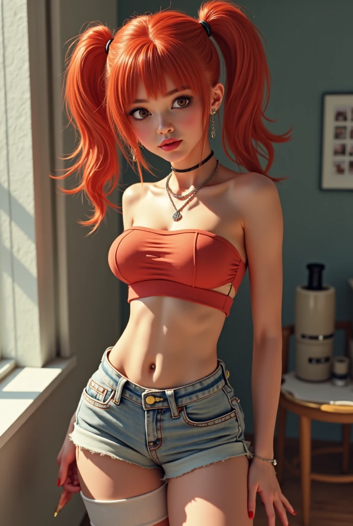 A detailed portrait of a red-haired woman standing. sexy posing. She is wearing denim shorts and a fitted tank top. 