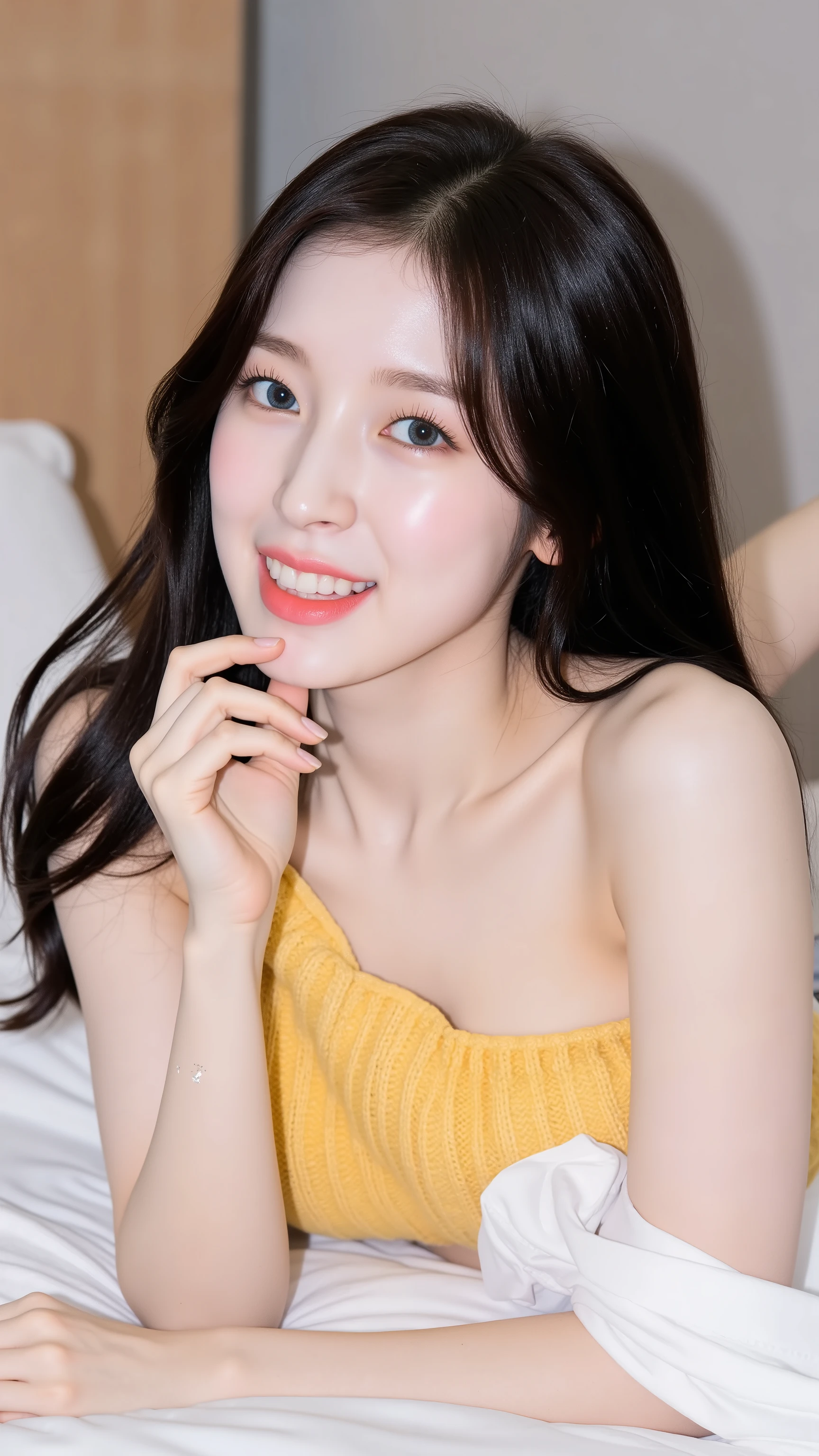 Model Arin, bright blue eyes, K-pop colorful makeup, black medium-length hair, cute mood, lying on a bed, wearing only a tight-fitting short yellow off-the-shoulder knit top and panties, one hand gently pulling down the knit to reveal part of her bare chest, natural chest shape, warm blush pink center tone, realistic areola, smooth skin texture, the other arm resting casually, biting her lower lip slightly while giving a playful and inviting smile, soft bedding beneath her, HD model, ultra hd, textured skin, warm vintage tones, slightly faded colors, soft diffused lighting, film grain, subtle vignette, retro photography style